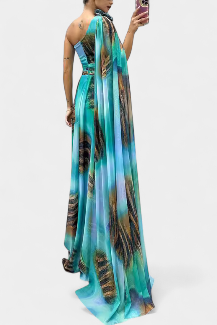 Nives Haljina Duga s Jednim Ramenom s Cvjetnim Detaljem