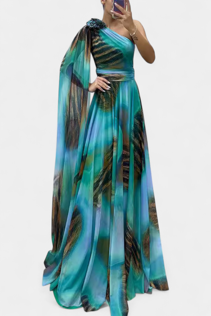 Nives Haljina Duga s Jednim Ramenom s Cvjetnim Detaljem