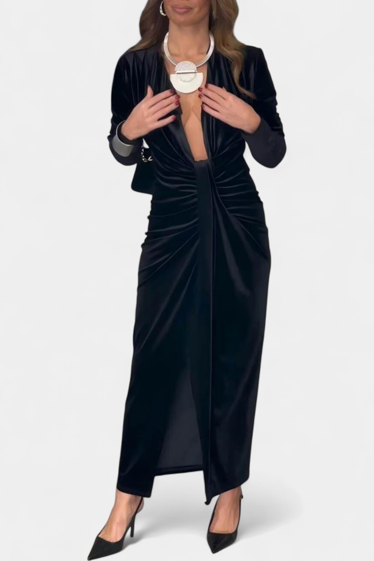 Vilma Duga Haljina od Zlatnog Baršuna s V-Izrezom