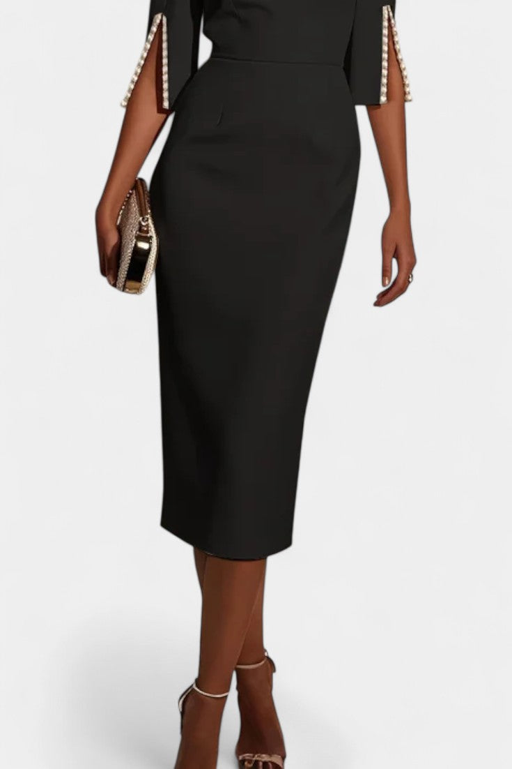 Vesna Midi Haljina s Bisernim Detaljima i Okruglim Izrezom