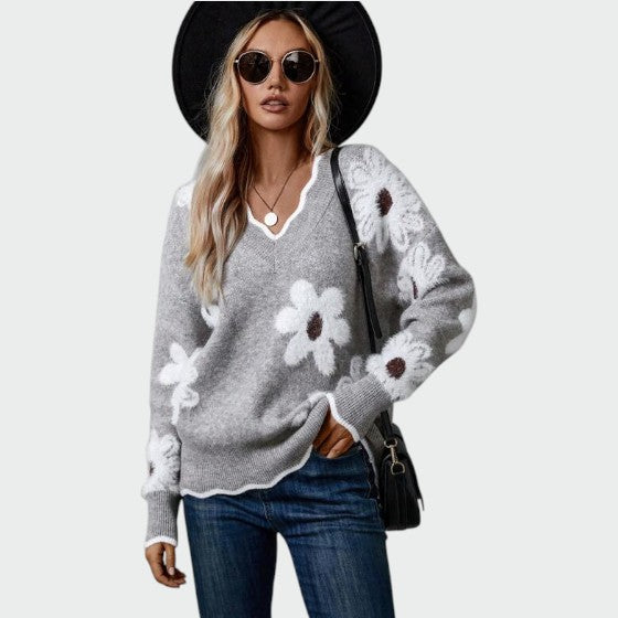 Valentina – Elegantni V-Izrez Cvjetni Pulover