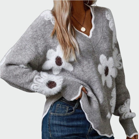 Valentina – Elegantni V-Izrez Cvjetni Pulover