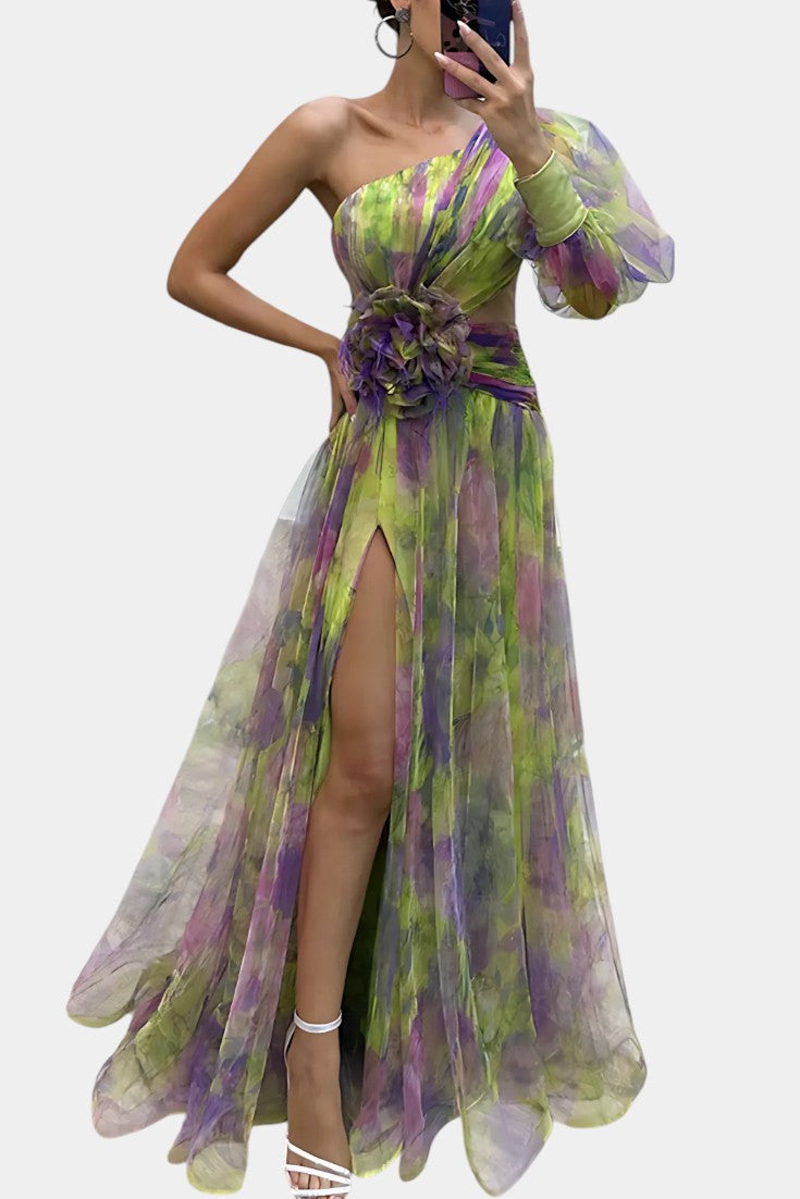 Teodora Asimetrična Maxi Haljina s Jednim Rame i Umjetničkim Uzorkom