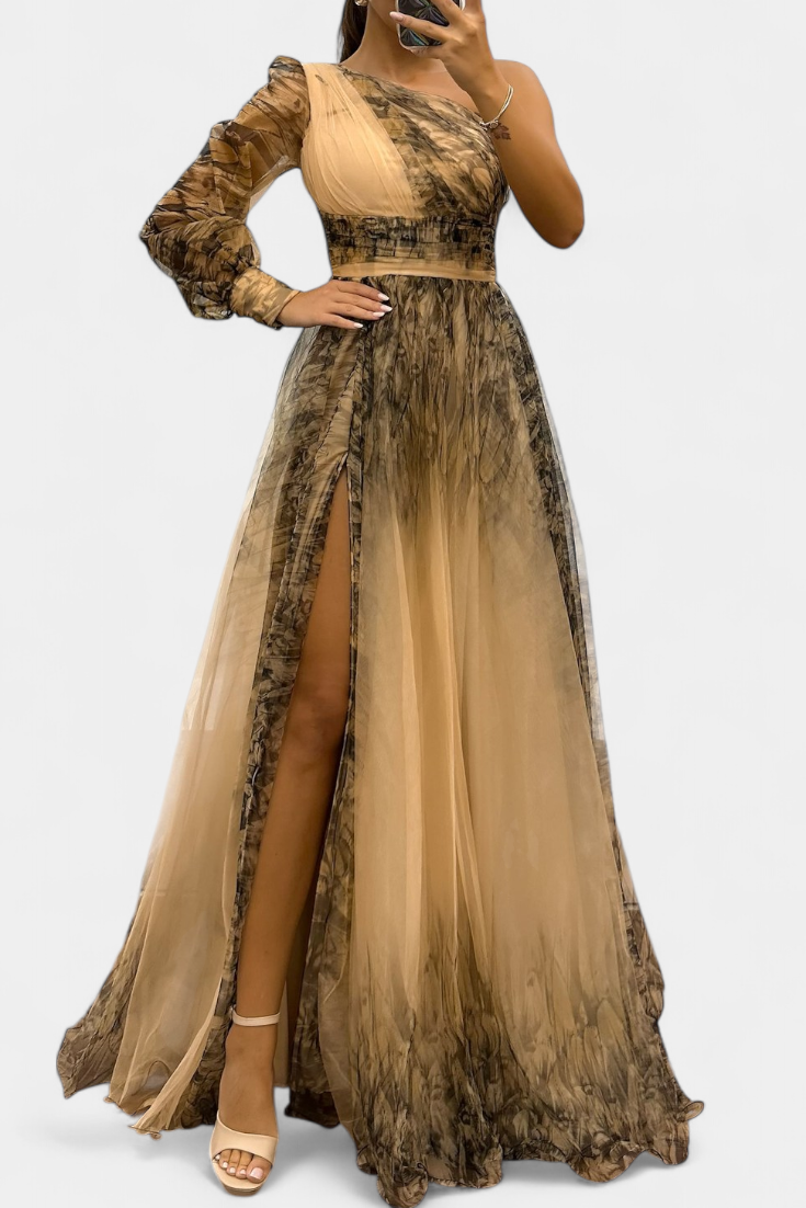 Natalija Maxi Haljina od Chiffona s Otkritim Ramenom i Voluminousom Ruzom