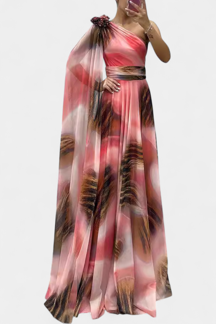 Nives Haljina Duga s Jednim Ramenom s Cvjetnim Detaljem