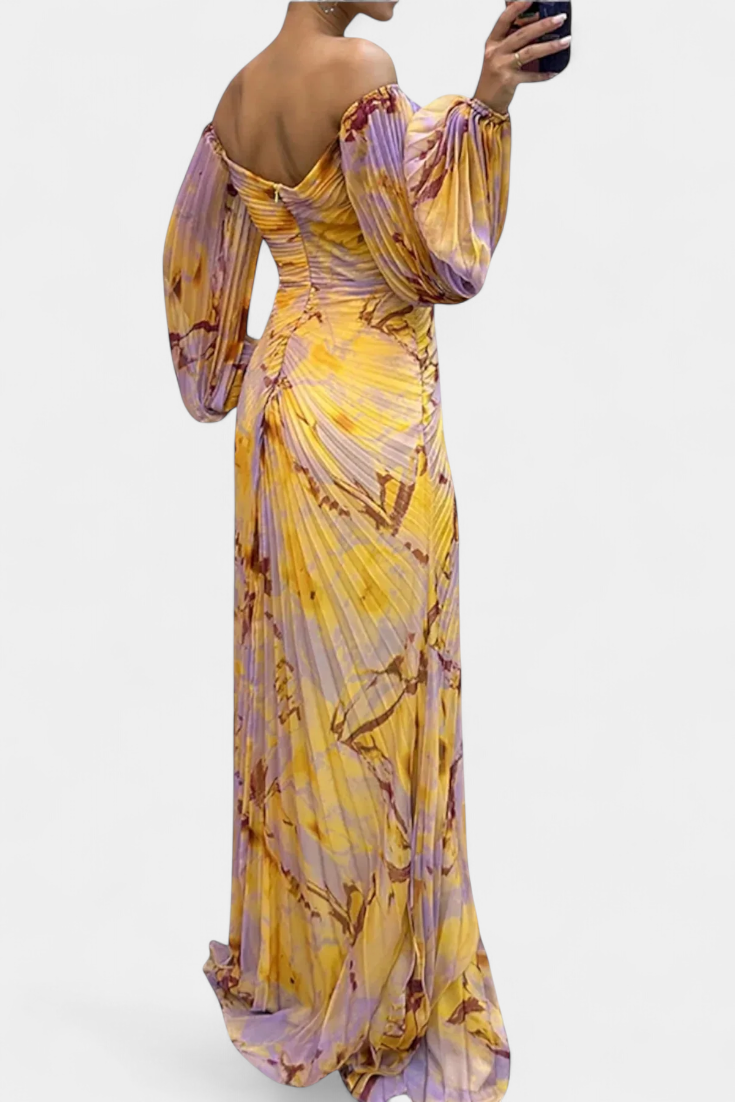 Leona Maxi Haljina s Plisiranjem, Dugim Rukavima i Vibrantnim Uzorkom